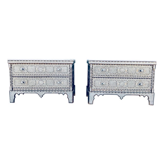 Pair of Antique Syrian Mother-of-Pearl Inlay Nightstands With Marble Tops, Late 19th Century For Sale