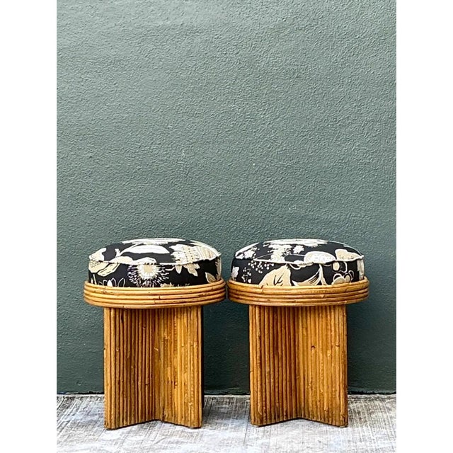 Vintage Schumacher Pencil Reed Upholstered Stools - Pair For Sale In West Palm - Image 6 of 12