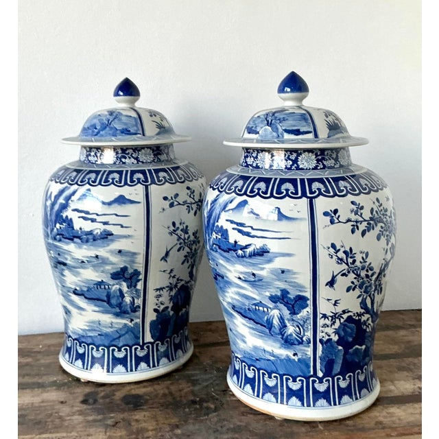 Vintage Boho Monumental Blue and White Lidded Ginger Jars - A Pair For Sale - Image 11 of 12