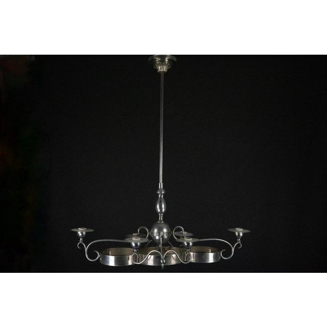 Art Deco Italian Chandelier in Nickel Brass and Frosted Glass, 1930s For Sale - Image 9 of 14