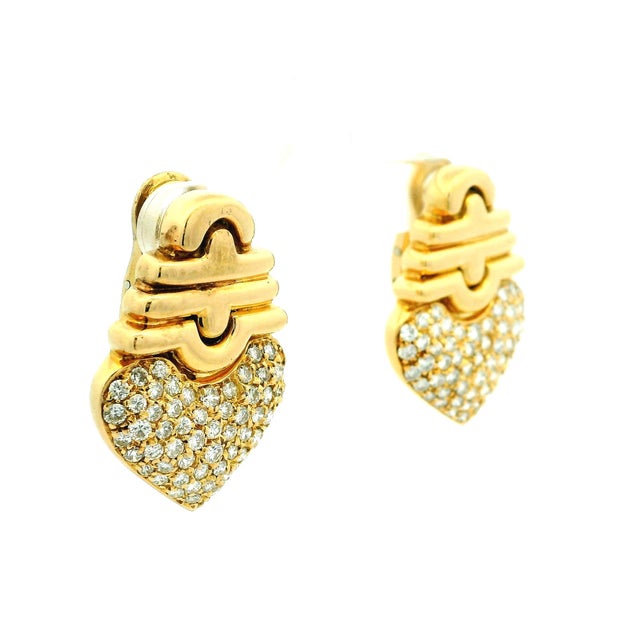 Modern Vintage Italian 18k Gold Diamond Pavé Heart Omega Back Earrings, A Pair For Sale - Image 3 of 16