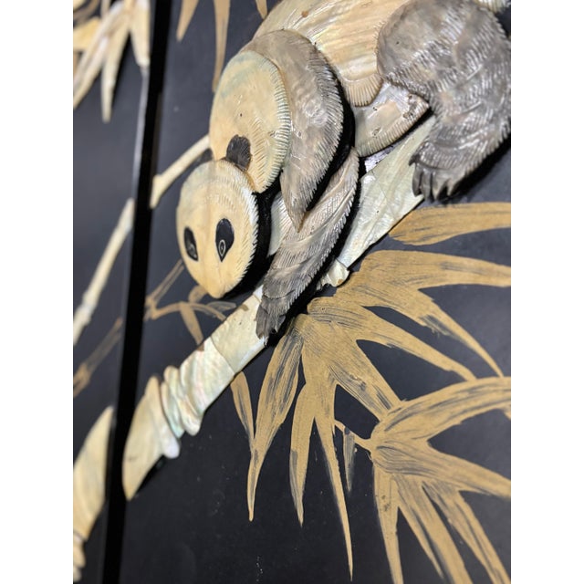 Early 19th Century Large 4 Panel, Room Divider/ Work of Art. Carved Mother-of-Pearl on Ebony Enamel Wood Depicting Family of Pandas. For Sale In West Palm - Image 6 of 9