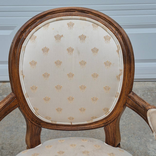 French 1990s Century Furniture Louis XVI Oak Open Arm Chairs Fauteuils for Reupholstery, a Pair For Sale - Image 3 of 12