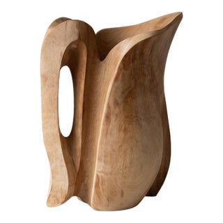 Vintage Hand Carved Wooden Pitcher Vase, Organic Modern Wood Vessel, Wabi Sabi Decor, Sculptural Wood Jug, Rustic Minimalist Home Decor For Sale