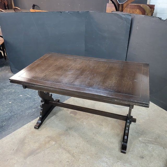 Brown Mid 20th Century English Oak Trestle Base Drawerleaf Dining Table For Sale - Image 8 of 9