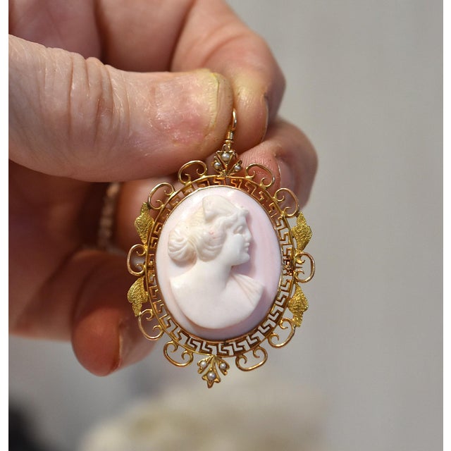 Late 19th Century Antique 14k Conch Shell Cameo With Seed Pearls Brooch and Pendant For Sale - Image 5 of 13
