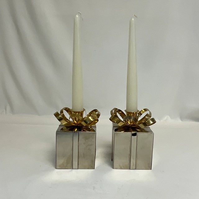 Mid 20th Century Vintage Contemporary Americana Christmas Metal Wrapped Present Candle Holders - a Pair. For Sale - Image 5 of 7
