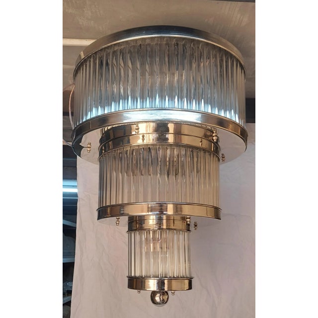 1940s Skyscraper Vintage 1940s Ceiling Hanging Chandelier Fixture Three Tier Nickel Brass & Glass Rod Ship 12 Light For Sale - Image 5 of 5