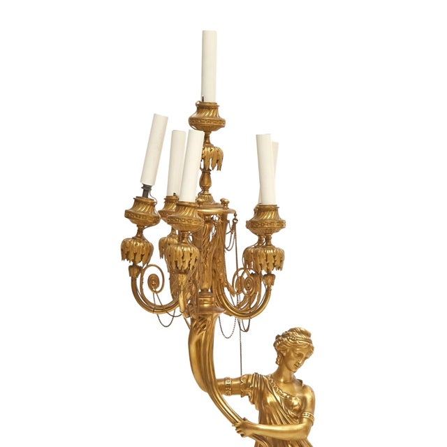 French Impressive Pair 19th Century Gilded Bronze Ormolu Six-Light Figural Candelabra For Sale - Image 3 of 11