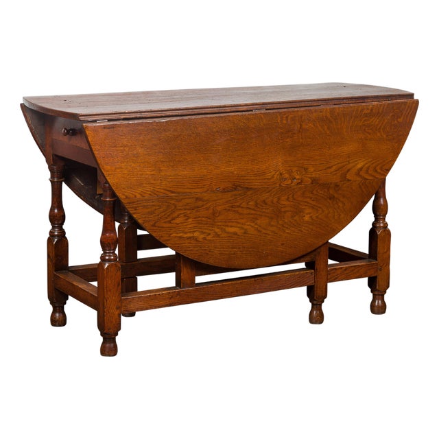 English Oval Oak Drop-Leaf Table with Single Drawer and Baluster Legs For Sale