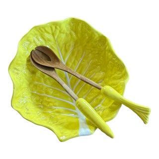 Vintage Secla Citron Yellow Cabbage Salad Bowl Set With Fork and Spoon- 3 Pieces For Sale