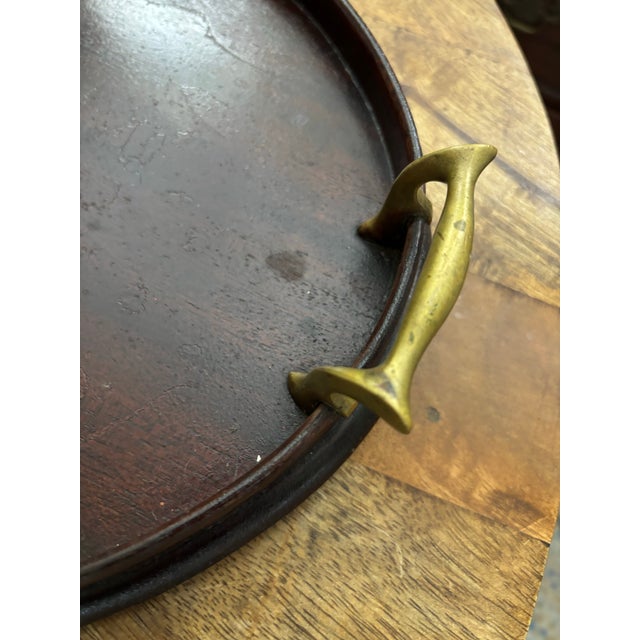 Early 20th Century Early Twentieth Century Solid Wood Oval Edwardian Tray With Brass Handles and Inlaid Center Motif For Sale - Image 5 of 7