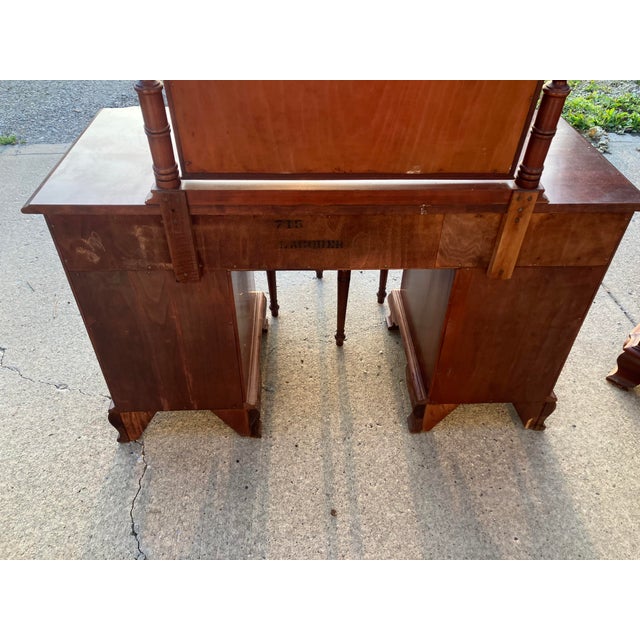 1960s Mid Century Mahogany Chippendale/Georgian Style Vanity With Swinging Mirror and Round Upholstered Stool With Original Tags, 2 Pieces For Sale - Image 5 of 14