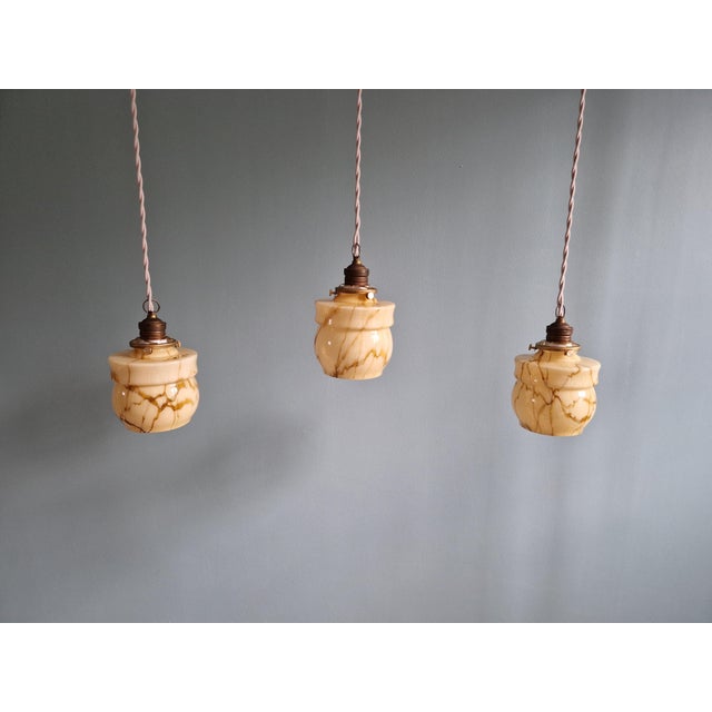 Art Deco Pendant Lights in Opaline and Marbled Uranium Glass from Scailmont, Belgium, 1930s, Set of 3 For Sale - Image 9 of 18