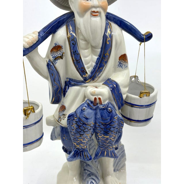 Blue and White Asian Man and Woman Fishing Statues- A Set For Sale - Image 12 of 12