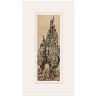 Early 1900's Antique French Charcoal Drawing of Cypress on Paper With Mat, Signed by French Artist Maurice De Lambert For Sale