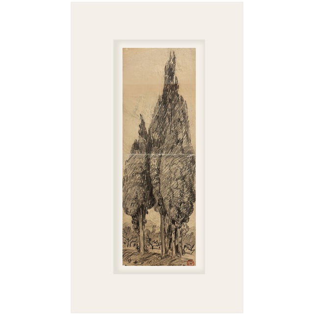 Early 1900's Antique French Charcoal Drawing of Cypress on Paper With Mat, Signed by French Artist Maurice De Lambert For Sale