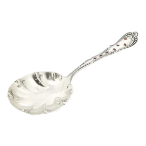Antique Signed Red Gem-Set American Sterling Silver Serving Spoon