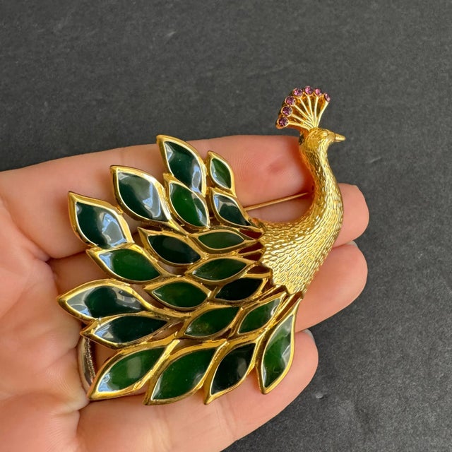 Trifari Peacock Brooch Gripoix Plique a Jour Stained Glass Bird Rhinestone Pin Signed For Sale - Image 6 of 9