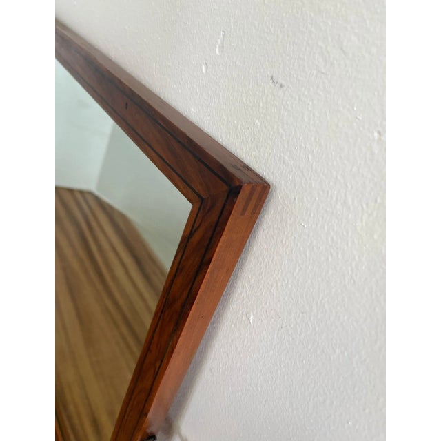 Mid-Century Modern Vintage Wood Framed Mirror With Wood Inlay and Decorative Handles For Sale - Image 3 of 7