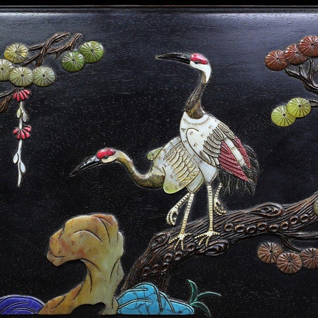 Mid 20th Century Vintage Chinese Rosewood Box | Mother-of-Pearl & Gemstone Inlaid Crane & Pine Motif For Sale - Image 5 of 9