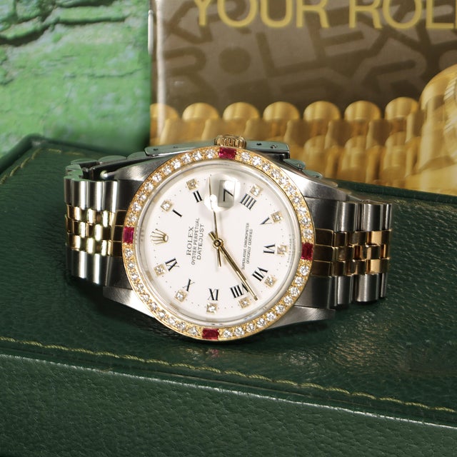 Metal Rolex Datejust 16233 Two Tone Steel-18k Gold Ruby Diamond Bezel Vintage Watch For Sale - Image 7 of 17