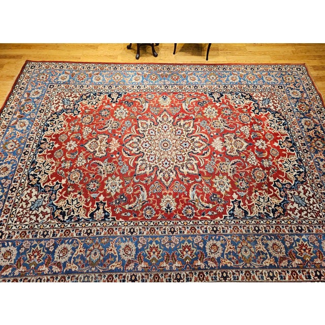 Textile Vintage Persian Isfahan Rug, Hand-Knotted Wool, Floral Pattern, Red & Blue, 9x12 For Sale - Image 7 of 16