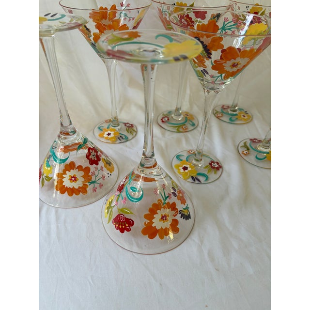 2000 - 2009 Cheerful Martini Glasses With Colorful Flowers Pattern Set 8 For Sale - Image 5 of 5