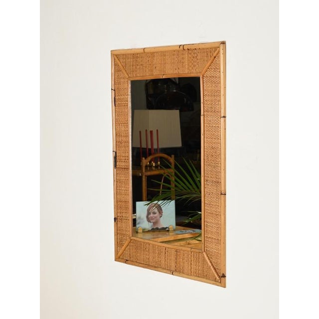 Glass Large French Riviera Rectangular Mirror in Bamboo and Woven Rattan, Italy, 1970s For Sale - Image 7 of 11