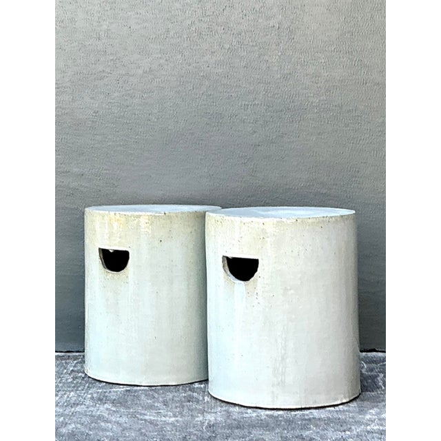 Vintage Glazed Ceramic Cylinder Garden Stools - A Pair For Sale In West Palm - Image 6 of 12