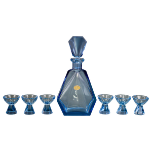 Art Deco Bohemian Blue Color Glass Decanter and Glasses, 1930s, Set of 7