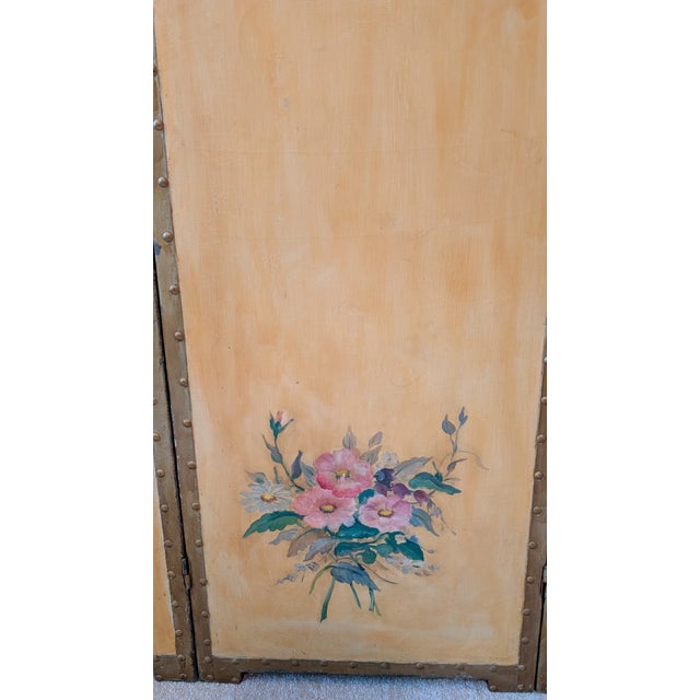 Gold 1940s Antique 3-Panel Gold Hand-Painted Decorative Room Divider/ Screen & Art Work For Sale - Image 8 of 12