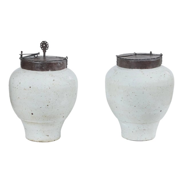 Porcelain Covered Tea Jars - A Pair For Sale