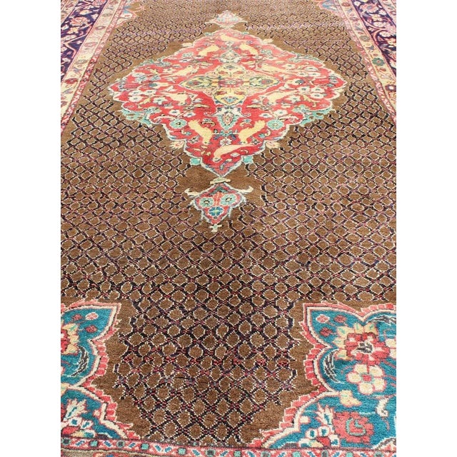 Blue Camel Hair Vintage Persian Serab Rug in Brown, Red, Turquoise and Dark Blue For Sale - Image 8 of 13