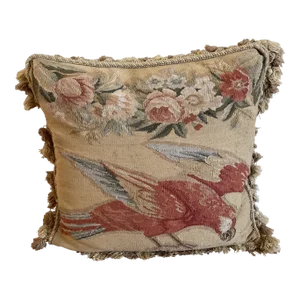 Antique Aubusson Needlepoint Pillow With Bird