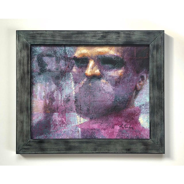 This oil painting on linen panel features a close-up of a contemplative figure, rendered in a palette dominated by rich...