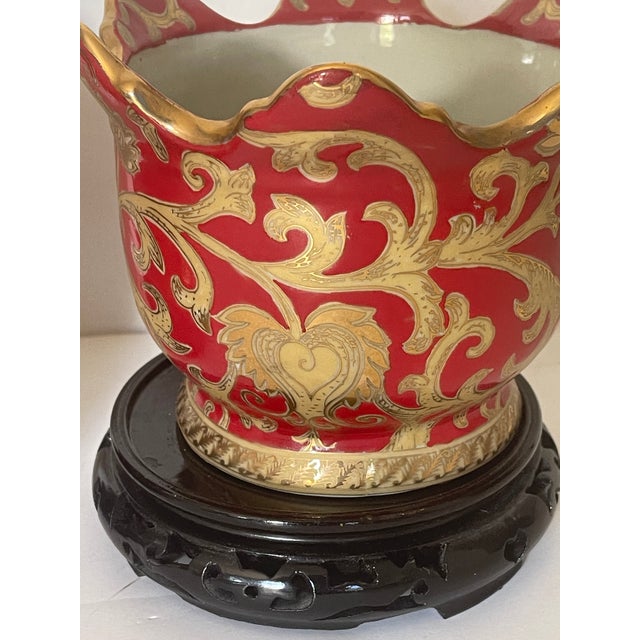 Chinese Antique Chinese Pair Ceramic Planters on Wood Stands For Sale - Image 3 of 3