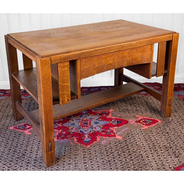 Charles Limbert Antique Charles Limbert Arts & Crafts Quartersawn Oak Writing Desk W/ Bookshelf For Sale - Image 4 of 17