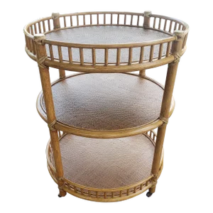 McGuire Three Tier Natural Rattan Bamboo and Leather Rolling Bar Cart