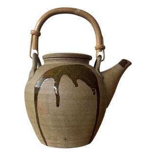 Large Vintage Japanese Inspired Teapot with Brown Drip Glaze Decoration and Cane Handle, 1960s For Sale