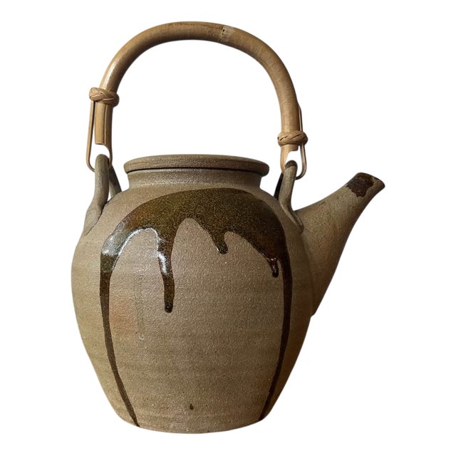 Large Vintage Japanese Inspired Teapot with Brown Drip Glaze Decoration and Cane Handle, 1960s For Sale