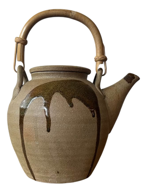 Large Vintage Japanese Inspired Teapot with Brown Drip Glaze Decoration and Cane Handle, 1960s