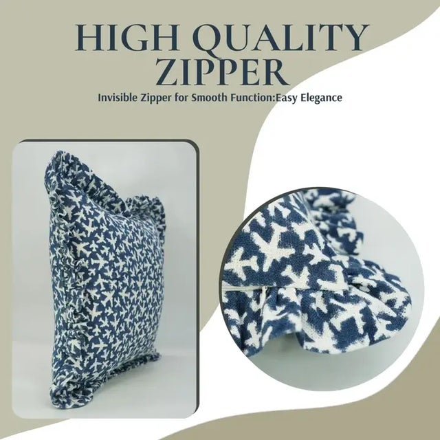 Art Deco Fabdivine Handcrafted Block Print Frill Cushion Cover Blue 24x24 Inch Off-White Linen- Pushapak Viman For Sale - Image 3 of 5