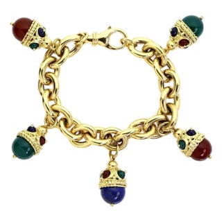 Legnazzi Multi-Color Gems 18k Yellow Gold 5 Fancy Egg Charms Chain Bracelet For Sale