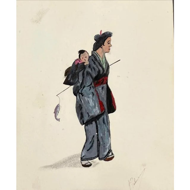 Palmieri, East Asian Woman and Child, 1920s, Watercolor For Sale - Image 8 of 8