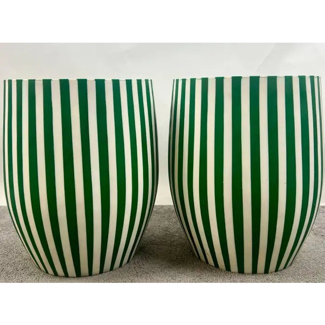 A Pair of Art Deco Style Green & White Cylindrical Resin Side, End Tables or Stools with stripped patterns : This...