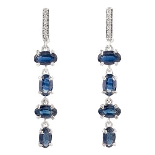 Vintage-Inspired Natural Blue Sapphire & Diamond Drop Earrings in 14k Gold- A Pair For Sale