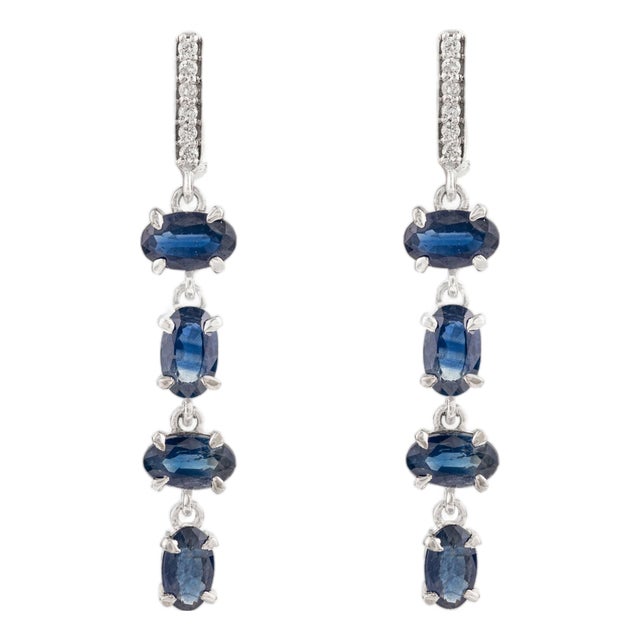 Vintage-Inspired Natural Blue Sapphire & Diamond Drop Earrings in 14k Gold- A Pair For Sale