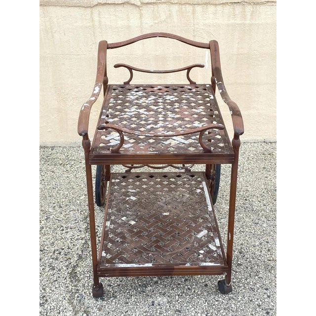 Hollywood Regency Late 20th Century Cast Aluminum Metal Lattice Garden Patio Serving Bar Tea Cart Side Table For Sale - Image 3 of 10