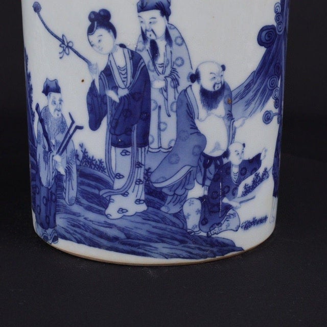 Vintage Blue & White Porcelain Brush Pot With Eight Immortals For Sale - Image 4 of 9